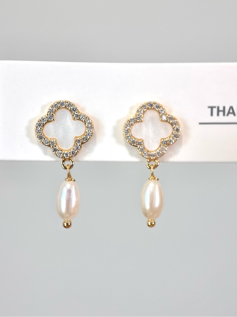 Gold Pearl Drop Four Leaf Clover Earrings with White Shell